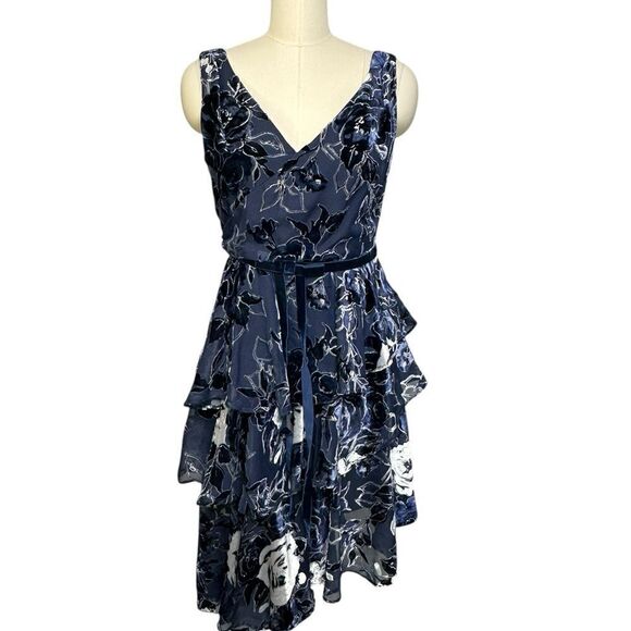 Marchesa Navy Blue Floral Velvet Textured Tiered Cocktail Midi Dress | Size 4 - Picture 3 of 13